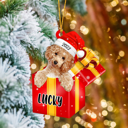 Personalized Poodle In Red Gift Box Acrylic Ornament, Custom Ornament Gifts For Christmas Dog Mom