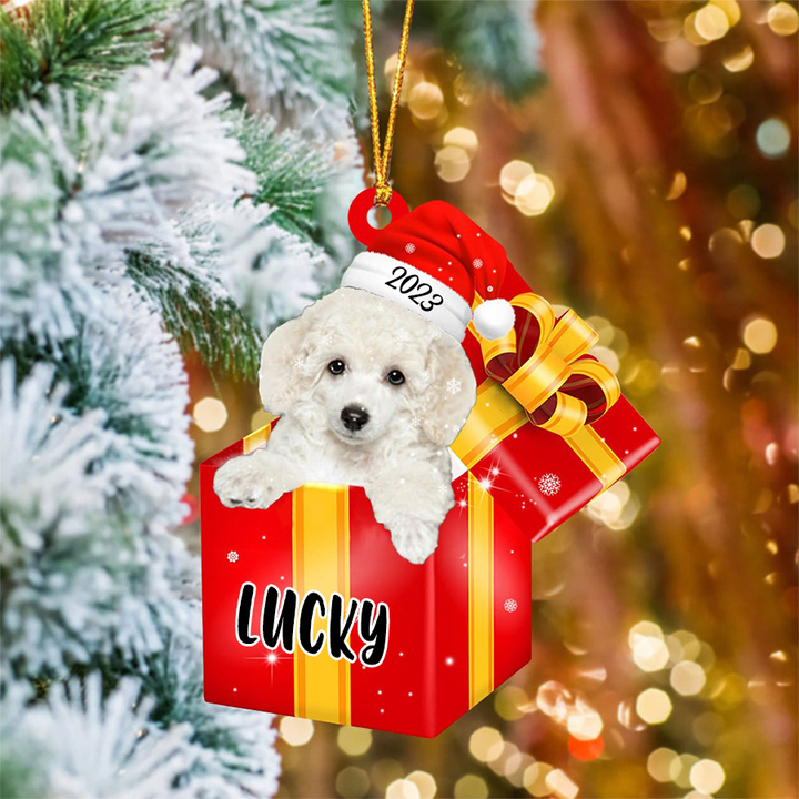 Personalized Poodle In Red Gift Box Acrylic Ornament, Custom Ornament Gifts For Christmas Dog Mom