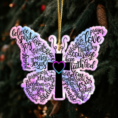 Hologram Purple Butterfly Christian Cross Acrylic Ornament, Perfect Christmas Gift For Family, Friends, Holiday Decor