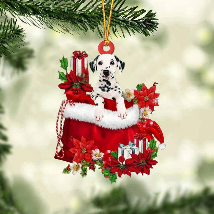 Customized Dalmatian Dog In Red Gift Bag Acrylic Ornament, Christmas Gift For Dog Lovers, Dog Mom