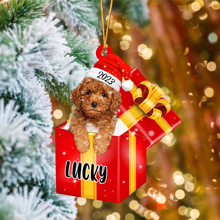 Customized Yellow Poodle In Red Gift Box Acrylic Ornament, Personalized Ornament Gifts For Christmas Dog Mom