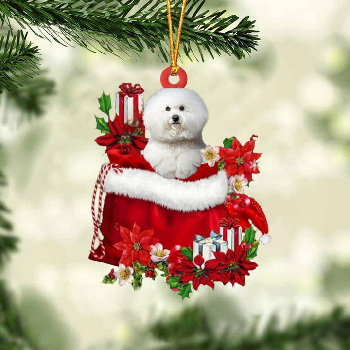 Customized Bichon Frise Dog In Red Gift Bag Acrylic Ornament, Christmas Gift For Dog Lovers, Dog Mom