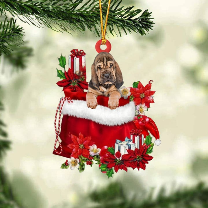 Customized Bloodhound In Red Gift Bag Acrylic Ornament, Christmas Gift For Dog Lovers, Dog Mom