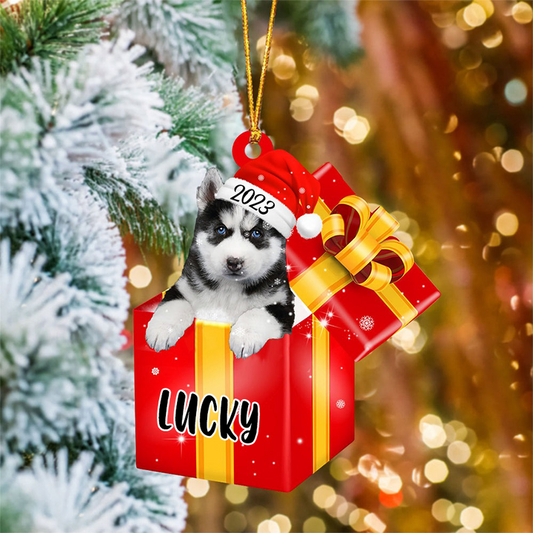 Personalized Siberian Husky In Red Gift Box Acrylic Ornament, Custom Ornament Gifts For Christmas Dog Mom