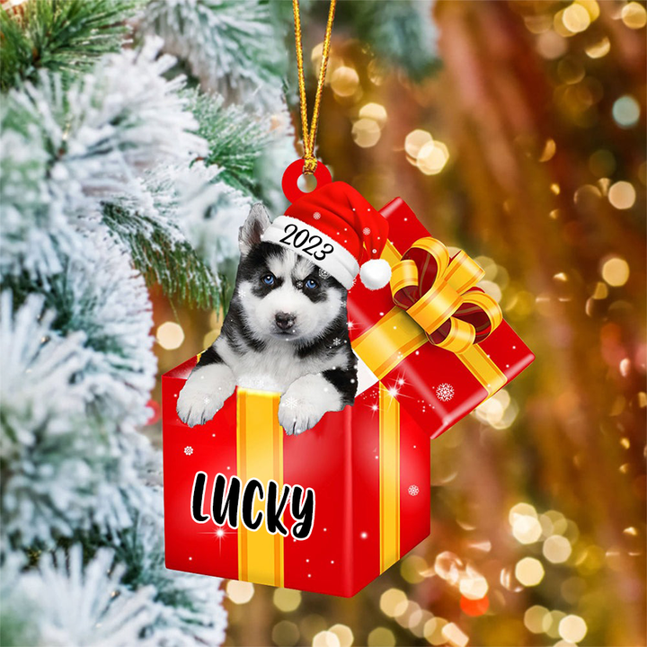 Personalized Siberian Husky In Red Gift Box Acrylic Ornament, Custom Ornament Gifts For Christmas Dog Mom