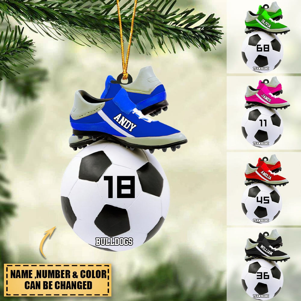 Personalized Shoes And Ball Soccer Acrylic Ornament, Custom Christmas Ornament Gift For Son, Daughter, Grandson, Granddaughter