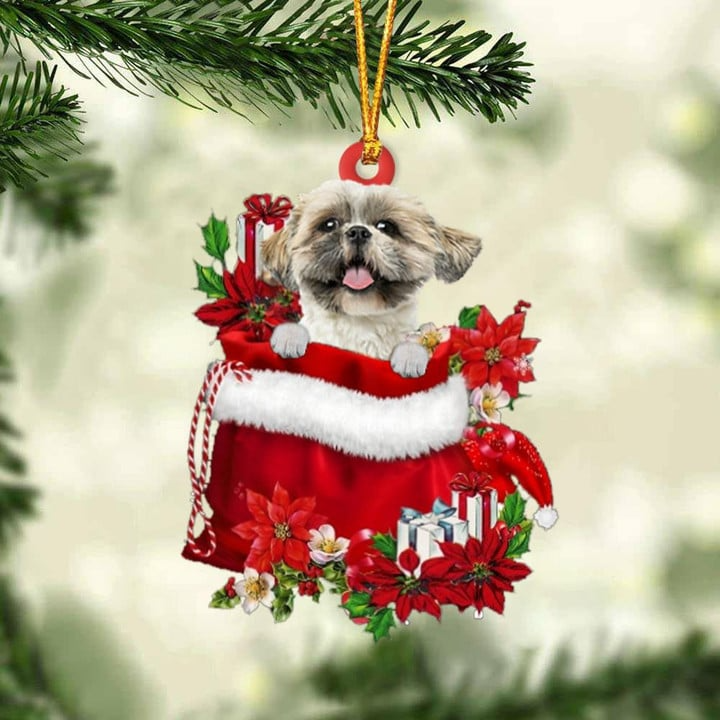 Customized Shih Tzu In Red Gift Bag Acrylic Christmas Ornament, Christmas Gift For Dog Lovers, Dog Mom