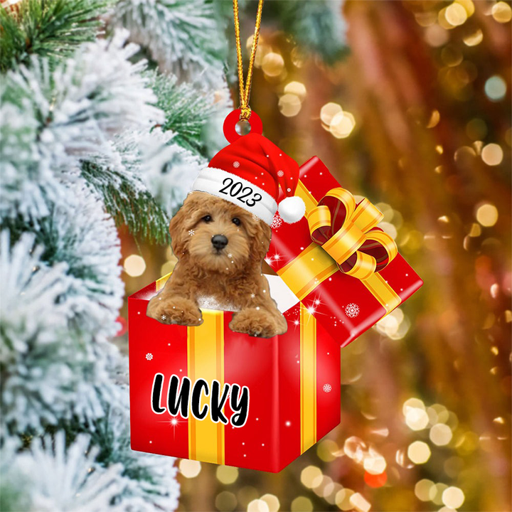 Personalized Goldendoodle Dog In Red Gift Box Acrylic Ornament, Custom Ornament Gifts For Christmas Dog Mom