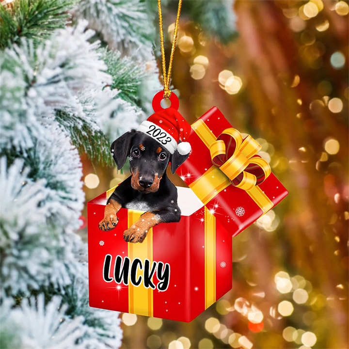 Personalized Dobermann In Red Gift Box Acrylic Ornament, Personalized Ornament Gifts For Christmas Dog Mom