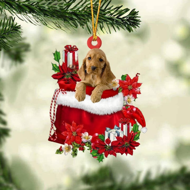 Customized English Cocker Spaniel Dog In Red Gift Bag Acrylic Ornament, Christmas Gift For Dog Lovers, Dog Mom