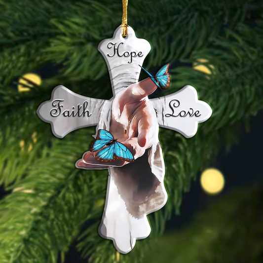 Jesus Hand Blue Butterfly Faith Hope Love Acrylic Ornament, Perfect Christmas Gift For Family, Friends, Holiday Decor