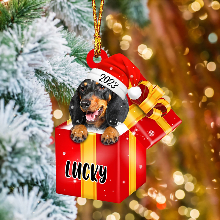 Customized Dachshund Dog In Red Gift Box Acrylic Ornament, Personalized Ornament Gifts For Christmas Dog Mom