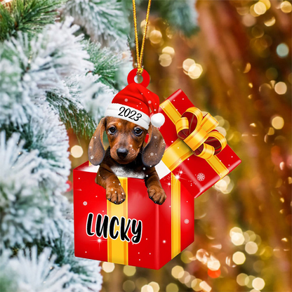 Customized Dachshund Dog In Red Gift Box Acrylic Ornament, Personalized Ornament Gifts For Christmas Dog Mom