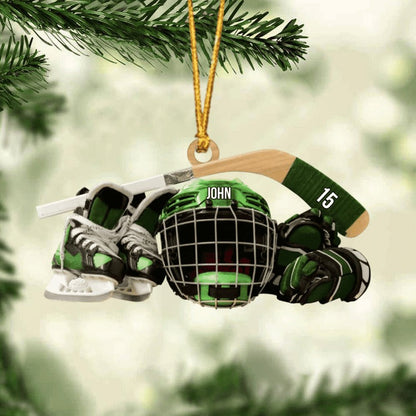 Personalized Hockey Skates Helmet And Stick Christmas Ornament, Acrylic Ornament - Gift For Hockey Lover