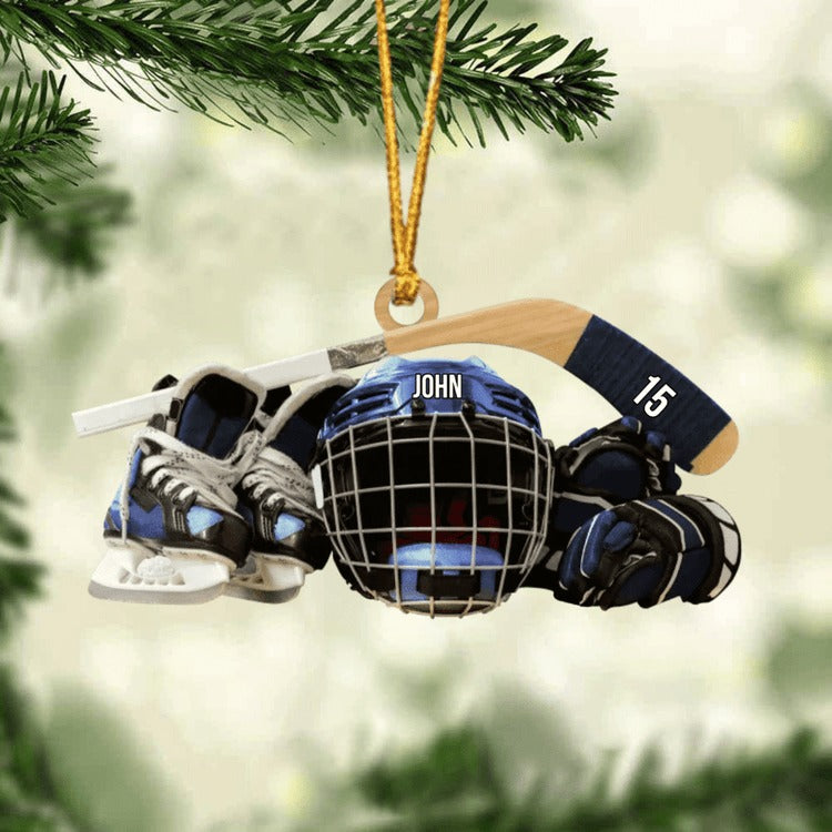 Personalized Hockey Skates Helmet And Stick Christmas Ornament, Acrylic Ornament - Gift For Hockey Lover