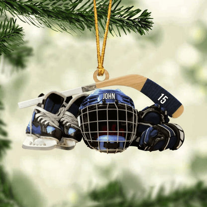Personalized Hockey Skates Helmet And Stick Christmas Ornament, Acrylic Ornament - Gift For Hockey Lover