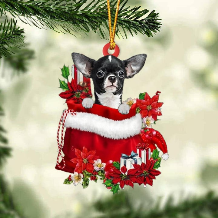 Customized Chihuahua In Red Gift Bag Acrylic Christmas Ornament, Christmas Gift For Dog Lovers, Dog Mom