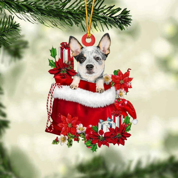 Customized Heeler Dog In Red Gift Bag Acrylic Ornament, Christmas Gift For Dog Lovers, Dog Mom