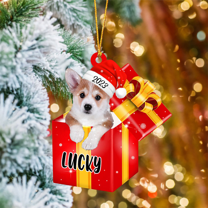 Customized Corgi Dog In Red Gift Box Acrylic Ornament, Personalized Ornament Gifts For Christmas Dog Mom