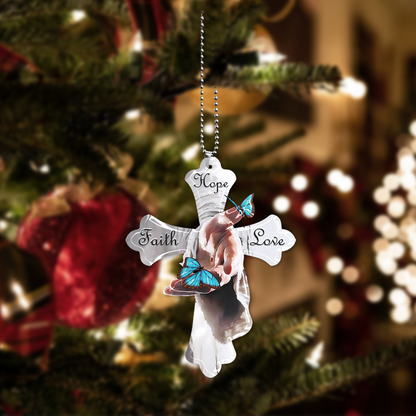 Jesus Hand Blue Butterfly Faith Hope Love Acrylic Ornament, Perfect Christmas Gift For Family, Friends, Holiday Decor
