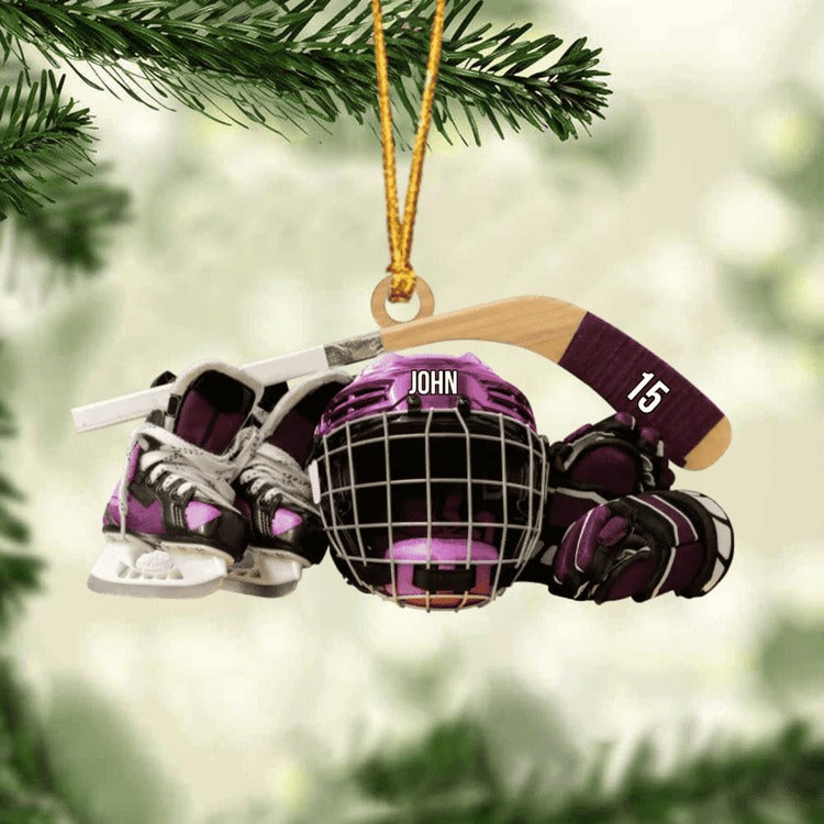 Personalized Hockey Skates Helmet And Stick Christmas Ornament, Acrylic Ornament - Gift For Hockey Lover