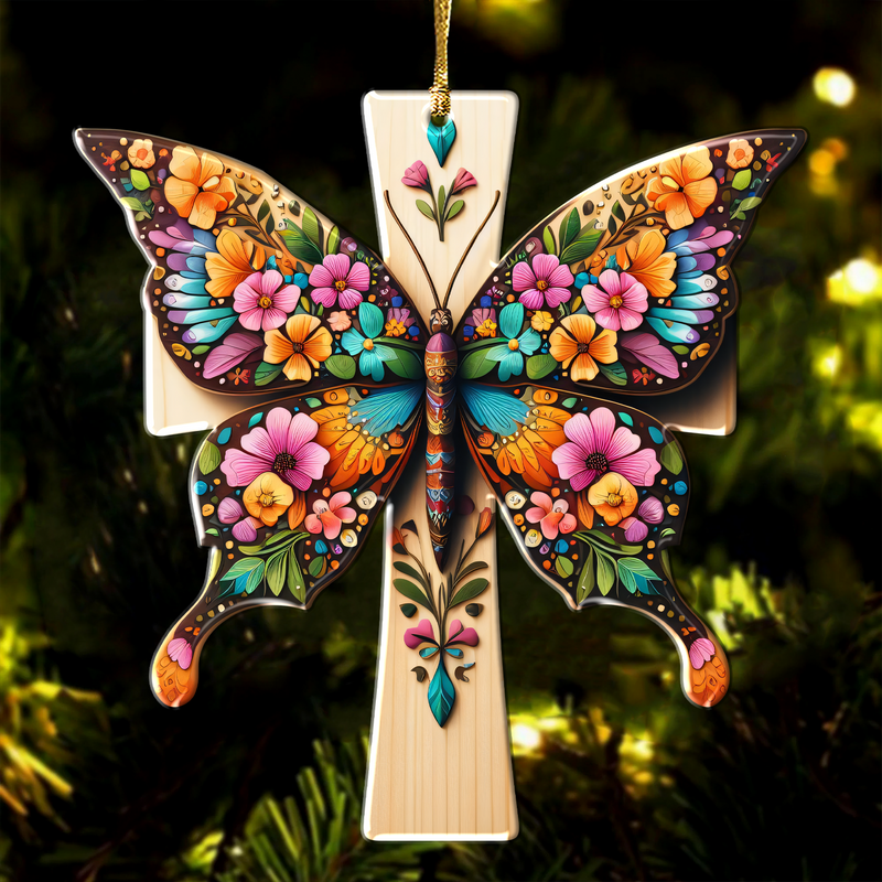 Colorful Flower Butterfly Cross Christian Acrylic Ornament, Perfect Christmas Gift For Family, Friends, Holiday Decor