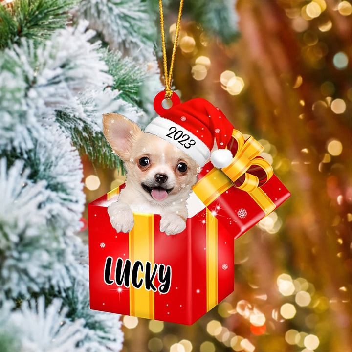 Customized Chihuahua In Red Gift Box Acrylic Ornament, Personalized Ornament Gifts For Christmas Dog Mom