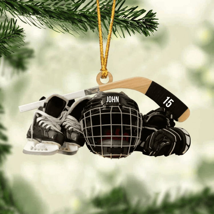Personalized Hockey Skates Helmet And Stick Christmas Ornament, Acrylic Ornament - Gift For Hockey Lover