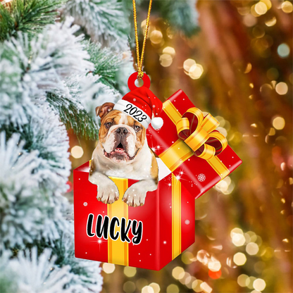 Customized Bulldog In Red Gift Box Acrylic Ornament, Personalized Ornament Gifts For Christmas Dog Mom