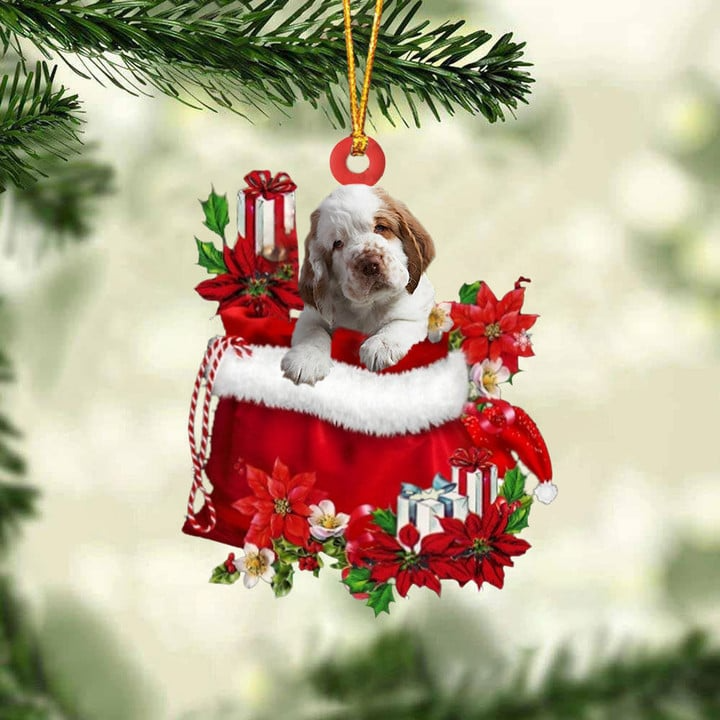 Customized Clumber Spaniel In Red Gift Bag Acrylic Ornament, Christmas Gift For Dog Lovers, Dog Mom