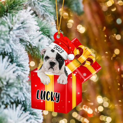 Customized Bulldog In Red Gift Box Acrylic Ornament, Personalized Ornament Gifts For Christmas Dog Mom