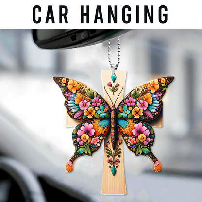 Colorful Flower Butterfly Cross Christian Acrylic Ornament, Perfect Christmas Gift For Family, Friends, Holiday Decor
