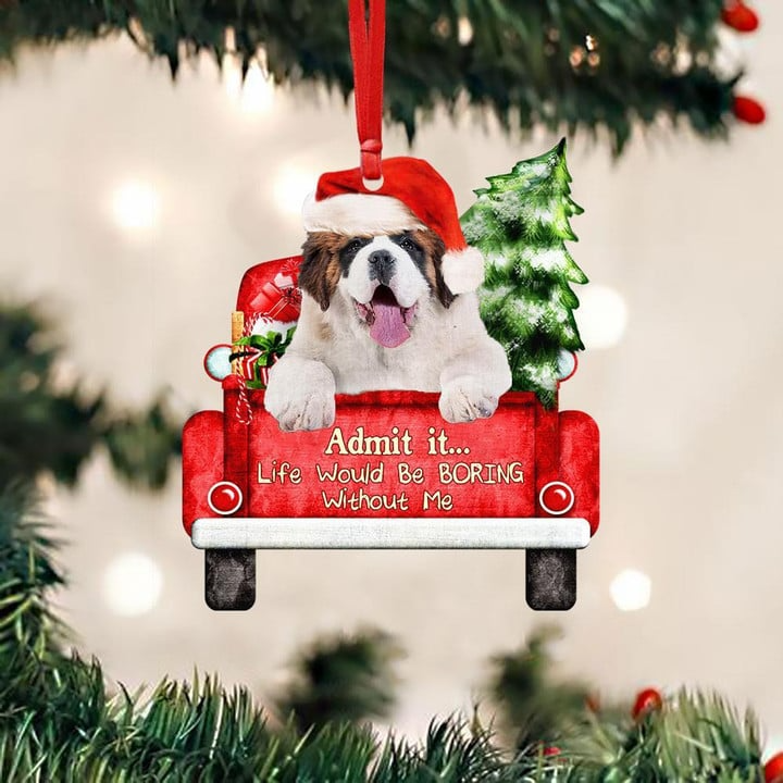 Personalized Photo St Bernard On The Red Truck Acrylic Christmas Ornament, Custom Christmas Gift For Dog Lovers, Dog Owners