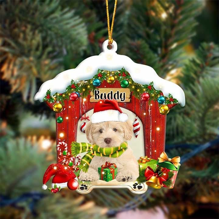 Customized Name Goldendoodle In Red Wood House Acrylic Ornament Christmas Gift For Dog Lovers, Dog Mom