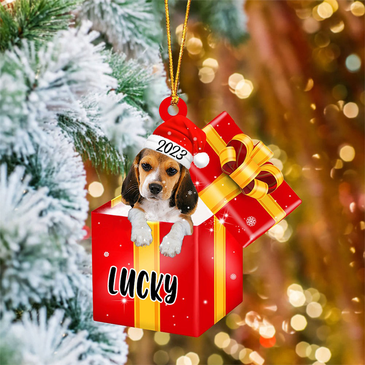 Customized Beagle Dog In Red Gift Box Acrylic Ornament, Personalized Ornament Gifts For Christmas Dog Mom