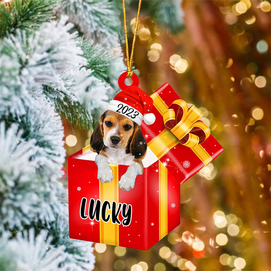 Customized Beagle Dog In Red Gift Box Acrylic Ornament, Personalized Ornament Gifts For Christmas Dog Mom