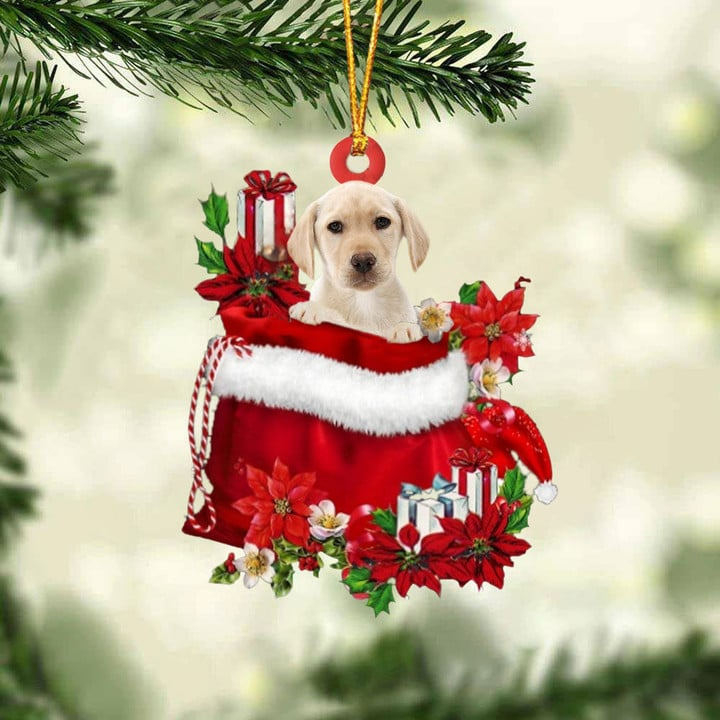 Customized Yellow Labrador Dog In Red Gift Bag Acrylic Ornament, Christmas Gift For Dog Lovers, Dog Mom