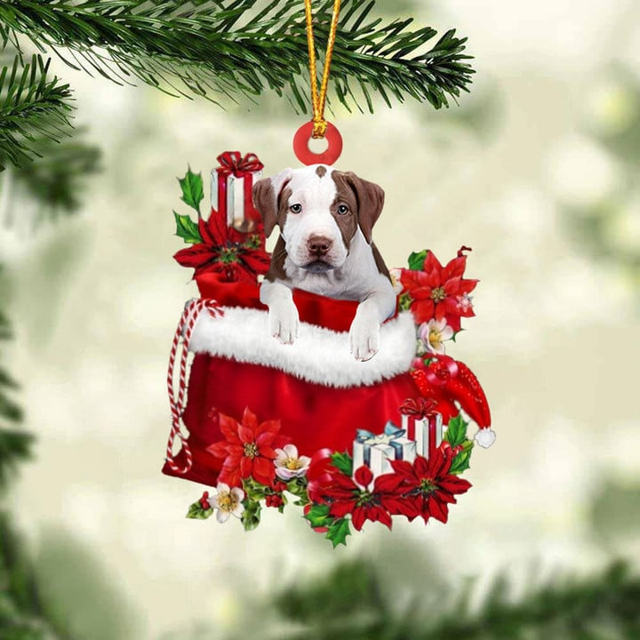 Customized Pit Bull Dog In Red Gift Bag Acrylic Ornament, Christmas Gift For Dog Lovers, Dog Mom