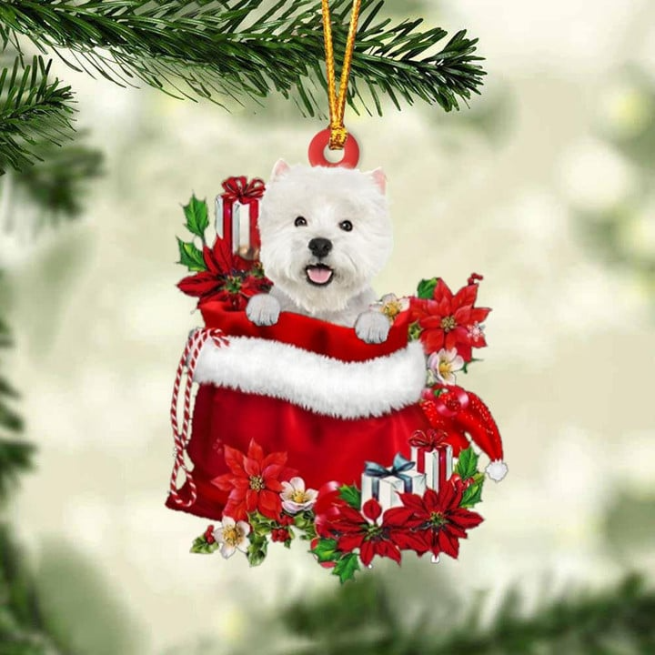 Personalized West Highland White Terrier In Red Gift Bag Acrylic Ornament, Custom Christmas Gift For Dog Lovers, Dog Mom