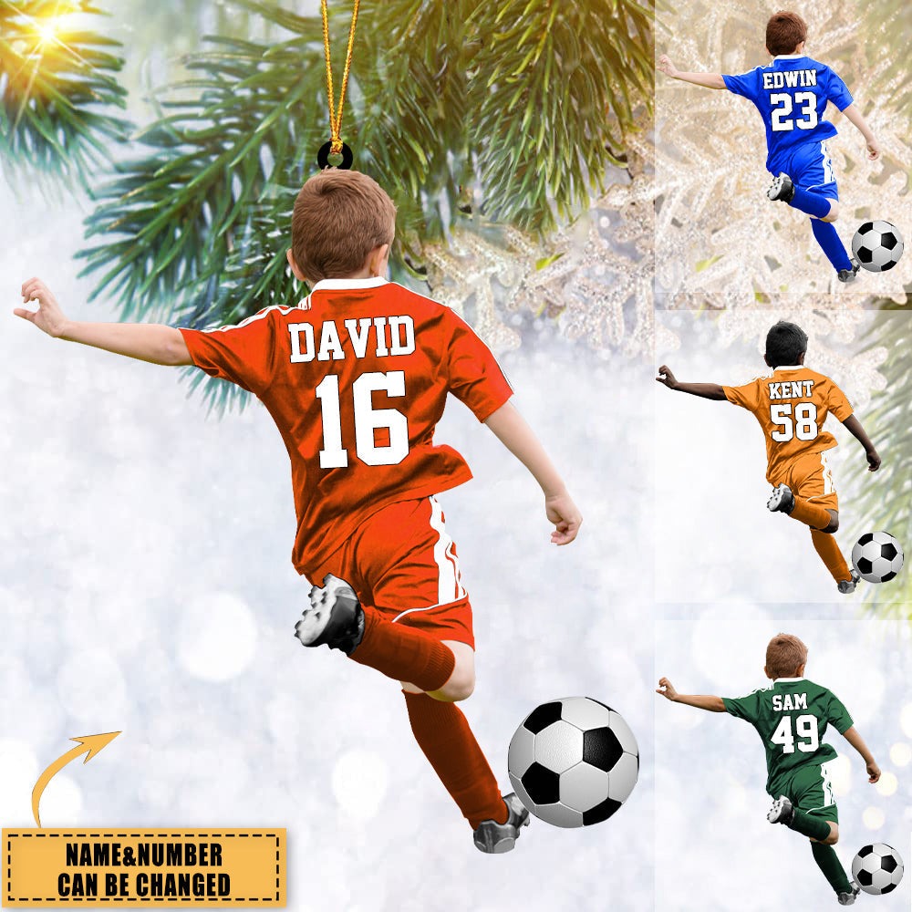 Personalized Soccer Boy Acrylic Ornament, Christmas Ornament Gift For Soccer Lovers For Kids