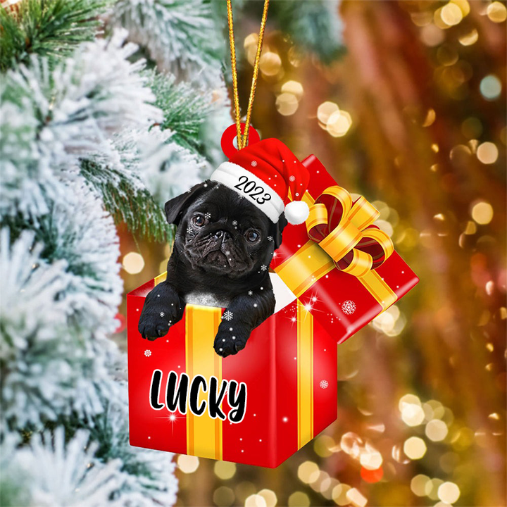 Customized Pug In Red Gift Box Acrylic Ornament, Personalized Ornament Gifts For Christmas Dog Mom