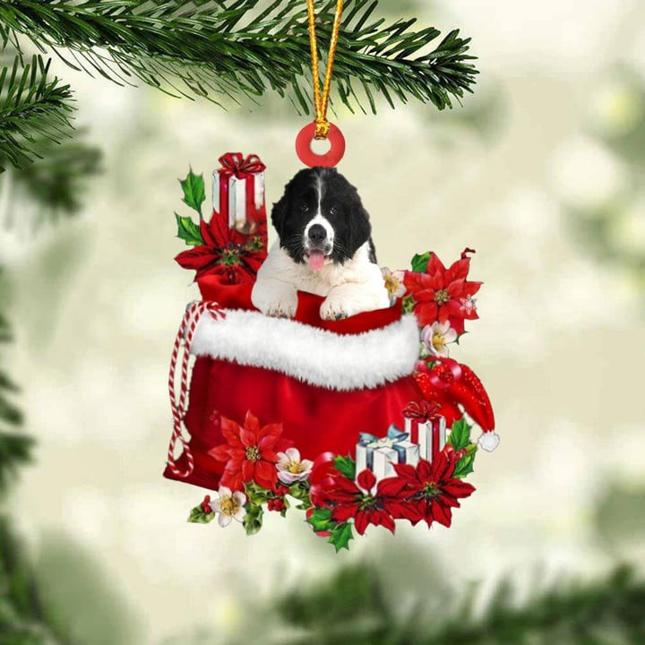 Customized Newfoundland Dog In Red Gift Bag Acrylic Ornament, Christmas Gift For Dog Lovers, Dog Mom