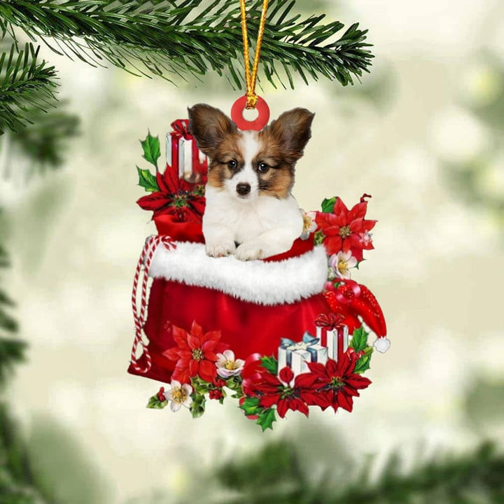 Customized Papillon Dog In Red Gift Bag Acrylic Christmas Ornament, Christmas Gift For Dog Lovers, Dog Mom