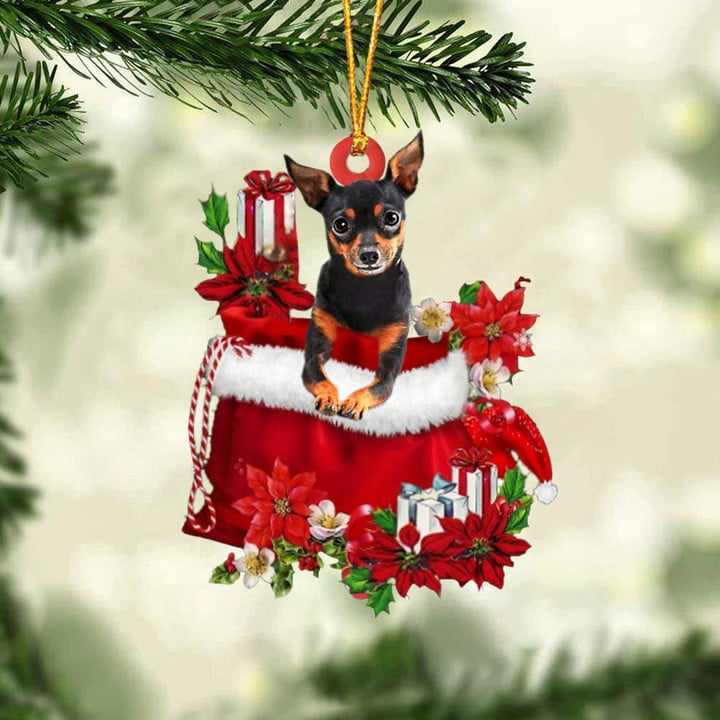 Customized Miniature Pincher In Red Gift Bag Acrylic Christmas Ornament, Christmas Gift For Dog Lovers, Dog Mom