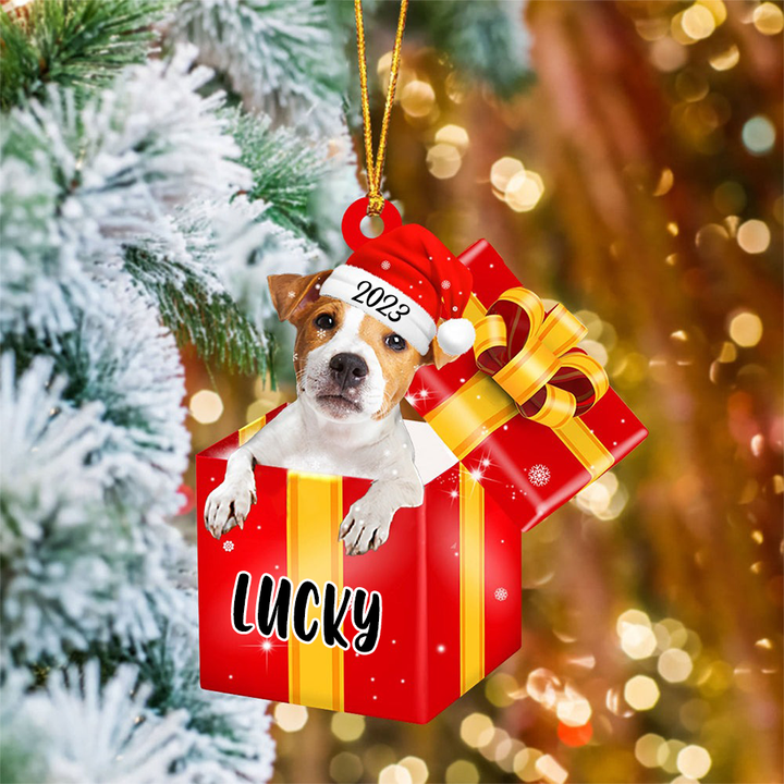 Customized Jack Russell In Red Gift Box Acrylic Ornament, Personalized Ornament Gifts For Christmas Dog Mom