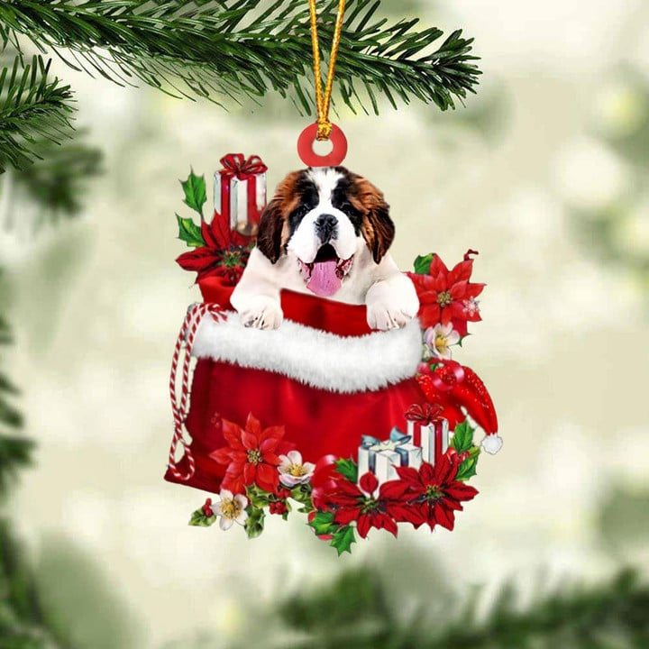 Customized Saint Bernard In Red Gift Bag Acrylic Christmas Ornament, Christmas Gift For Dog Lovers, Dog Mom