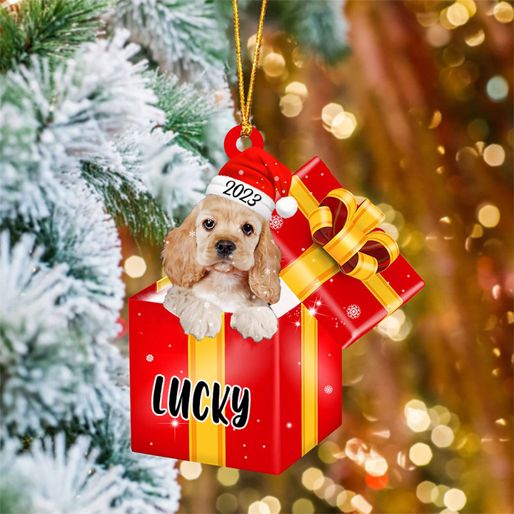 Customized Cocker Spaniel Dog In Red Gift Box Acrylic Ornament, Personalized Gifts For Christmas Dog Mom