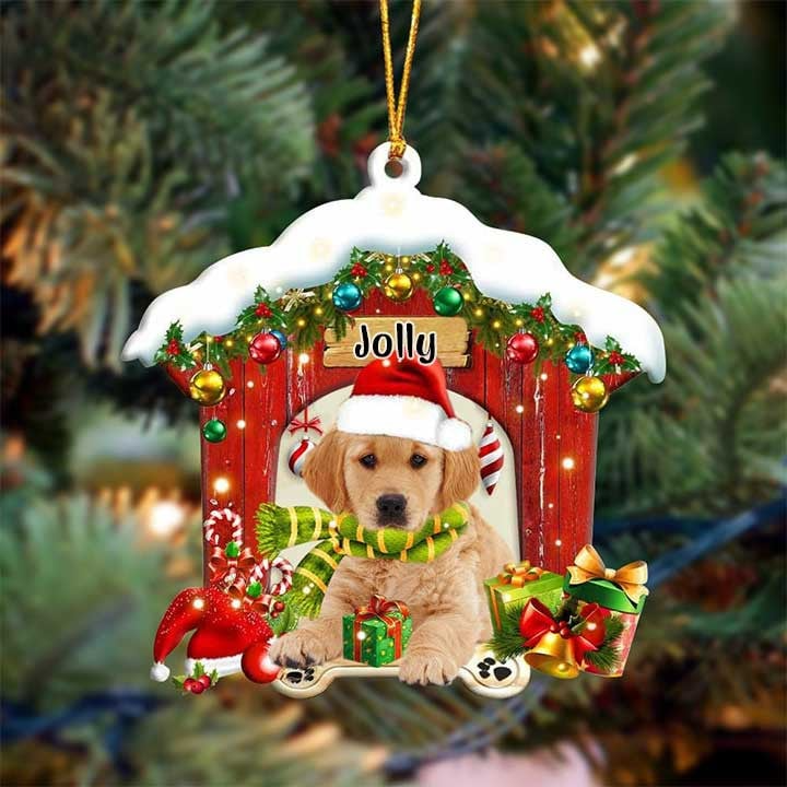 Personalized Name Golden Retriever In Red Wood House Acrylic Ornament Christmas Gift For Dog Lovers, Dog Mom