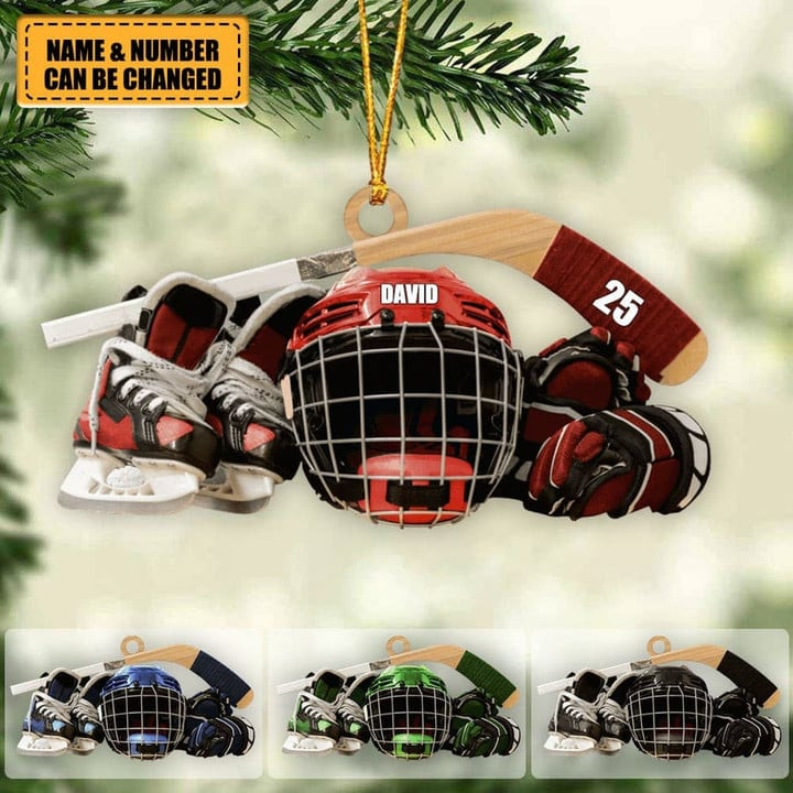 Personalized Hockey Skates Helmet Acrylic Ornament, Custom Christmas Ornament Gifts For Hockey Lovers