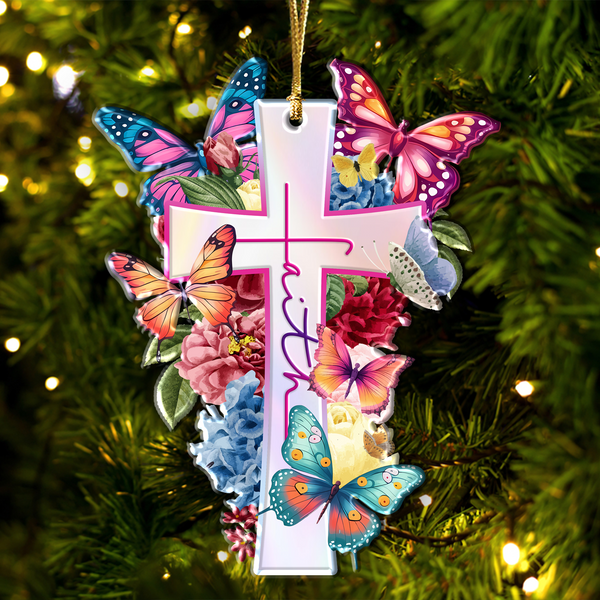 Flowers Faith Cross Butterflies Acrylic Ornament, Perfect Christmas Gift For Family, Friends